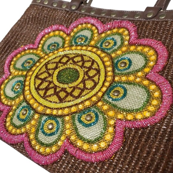 Isabelle Fiore Beaded Woven Shoulder Bag Brown Flower Rivets Pink Yellow - Picture 2 of 10